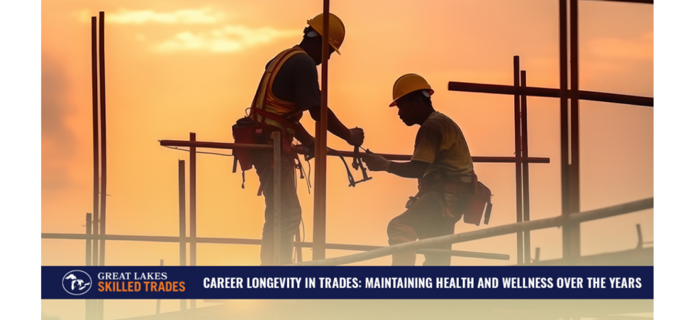 Two construction workers are working on a fence at sunset.