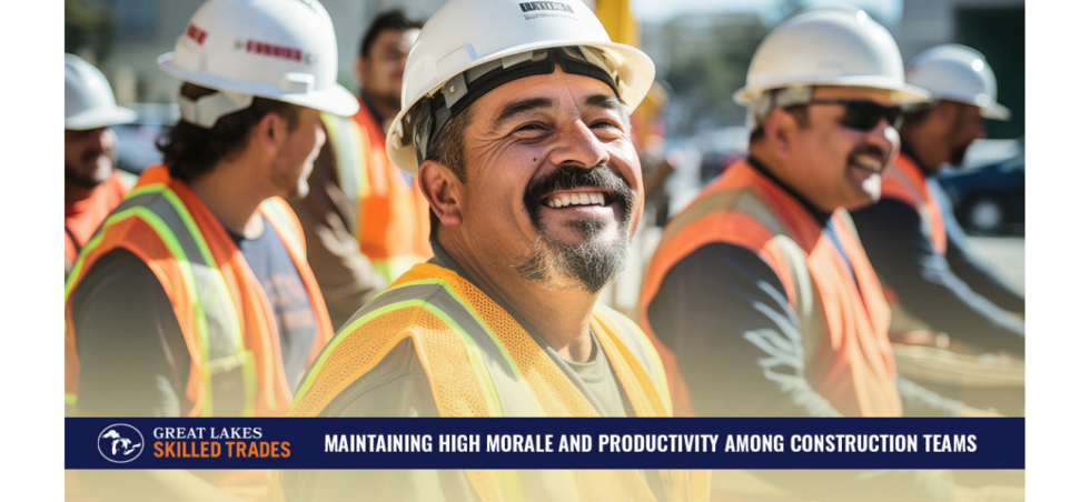 A group of construction workers wearing hard hats and safety vests are smiling.