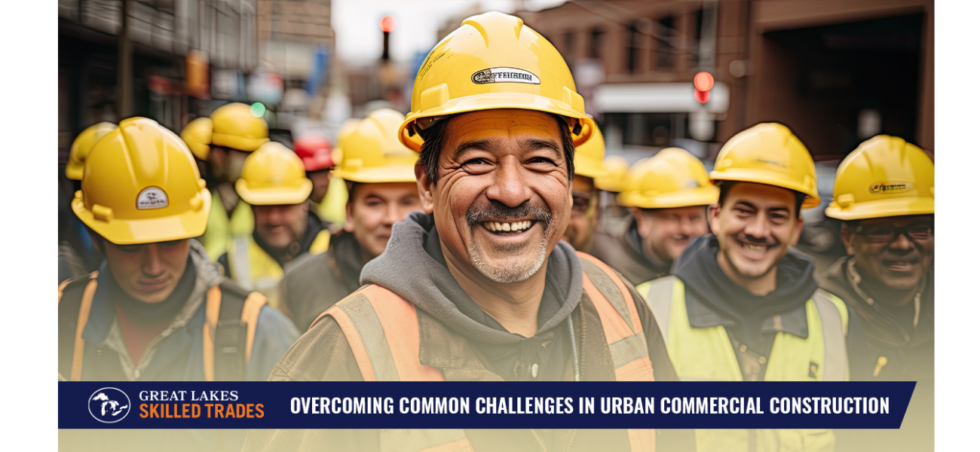 A group of construction workers wearing hard hats and safety vests are smiling.