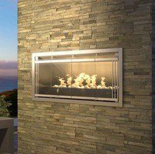 Outdoor gas fireplace with one sided cabinet