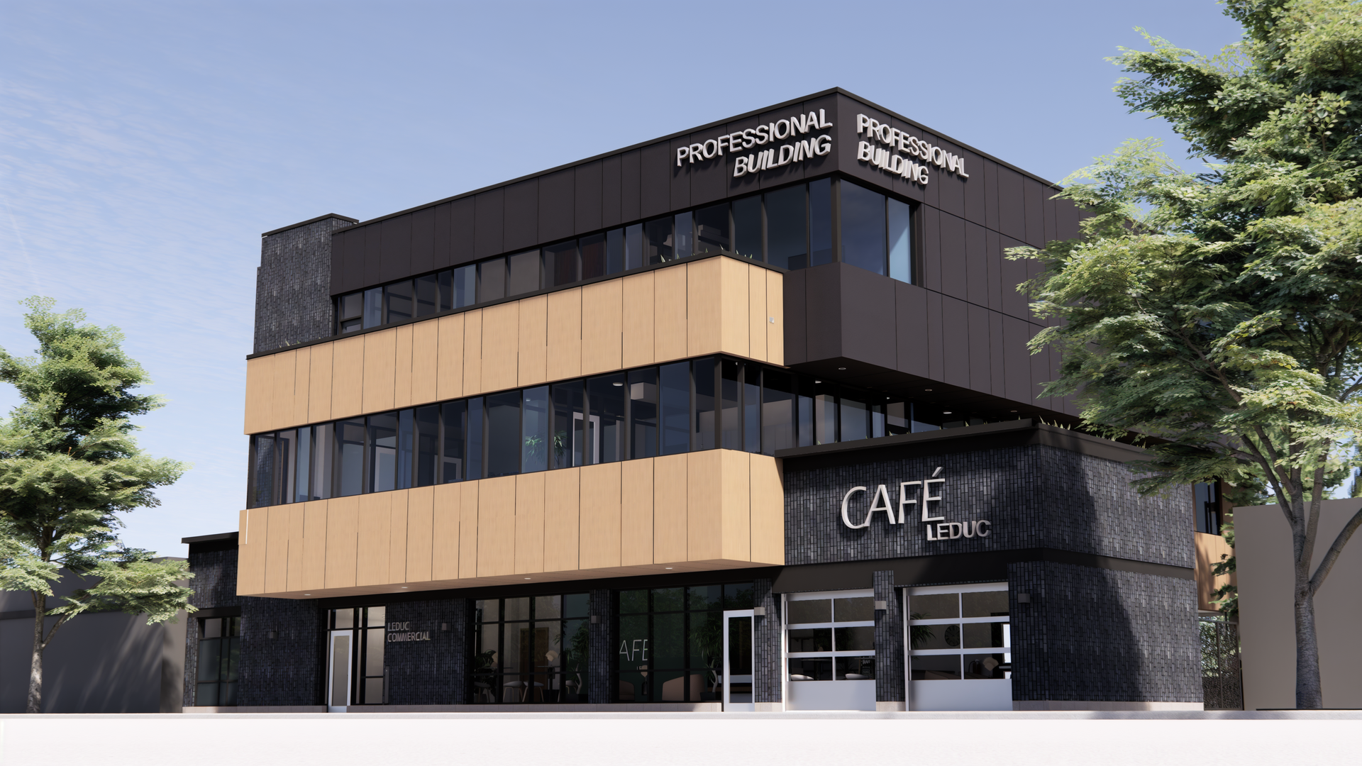 Modern building with black and tan facade, cafe on the ground floor, office space above, and trees.