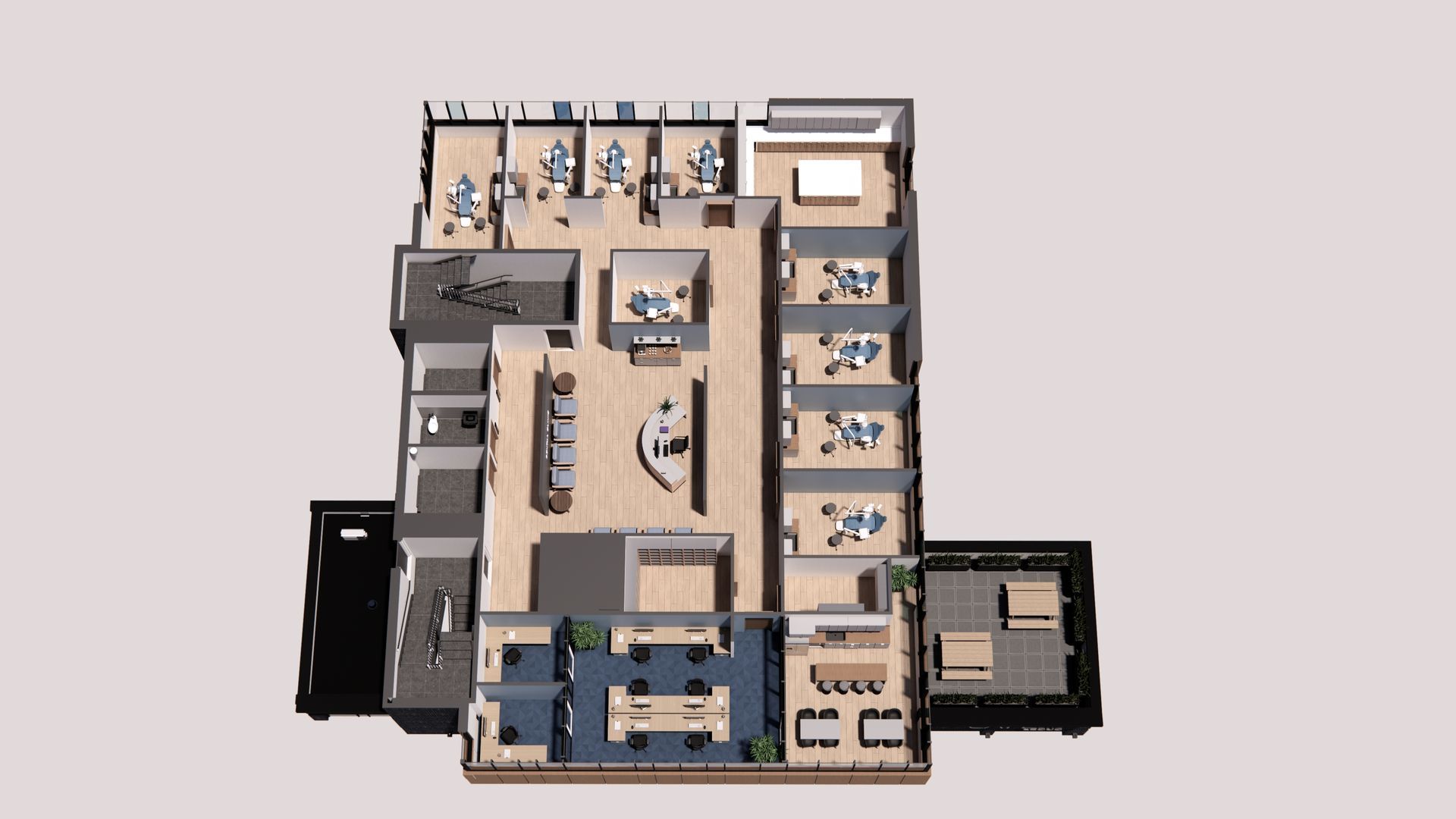 Floor plan of a commercial space with offices, workout areas, a reception desk, and outdoor seating.