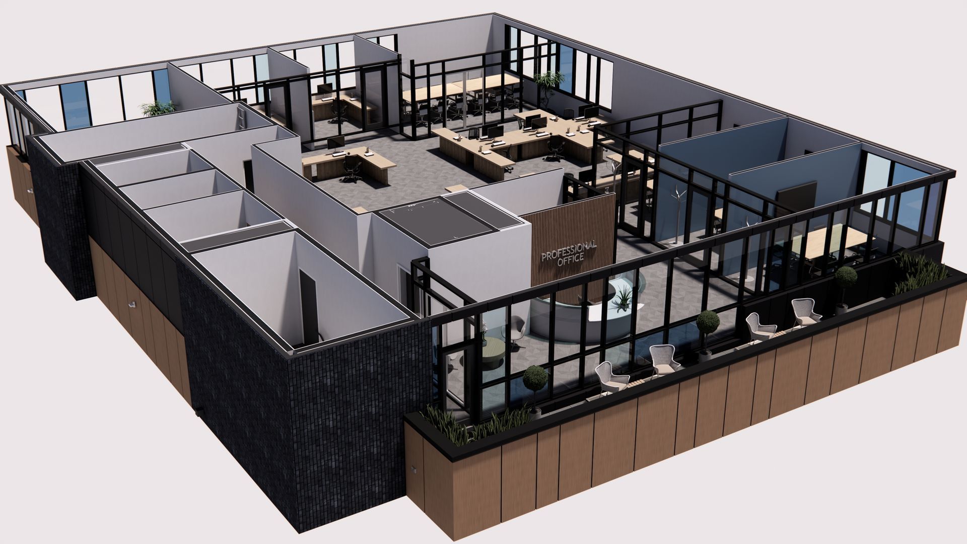 Isometric view of a modern office layout with workstations, private offices, and a reception area.