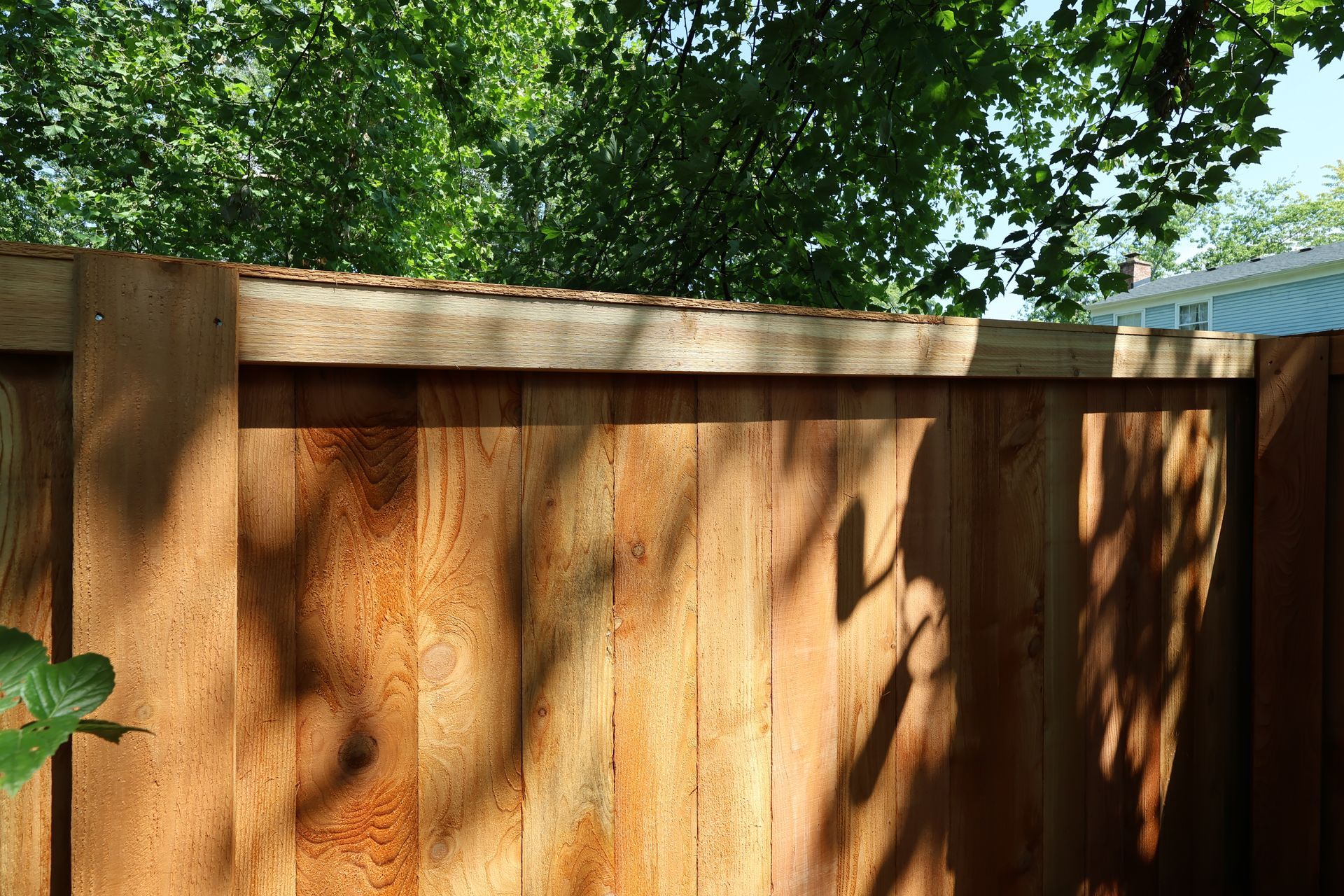 A close up of a wooden fence with trees in the background.