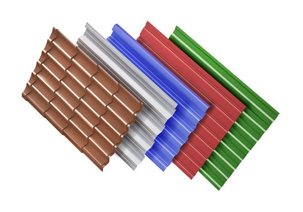 A row of different colored roofing sheets on a white background