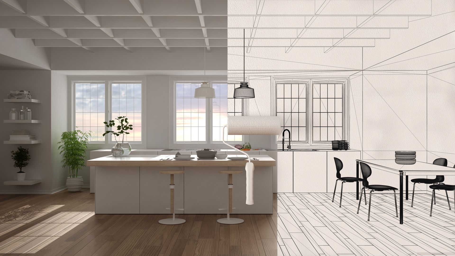 A drawing of a kitchen before and after being remodeled.