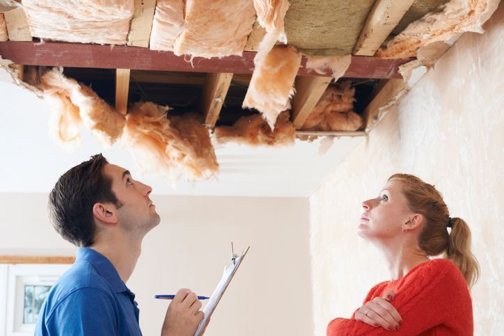 A man and a woman are looking at the ceiling of a house.