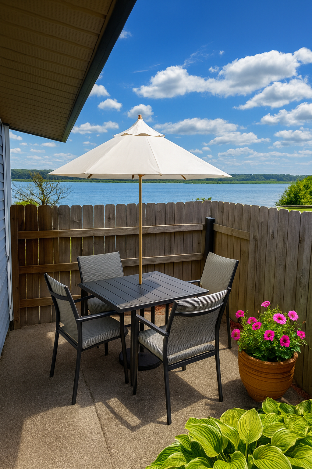 Patio with table, chairs, umbrella, and flowers overlooking a lake on a sunny day.
