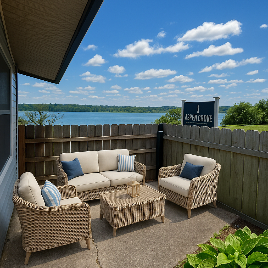 Patio furniture overlooking a lake. Beige wicker sofa and chairs with blue pillows.