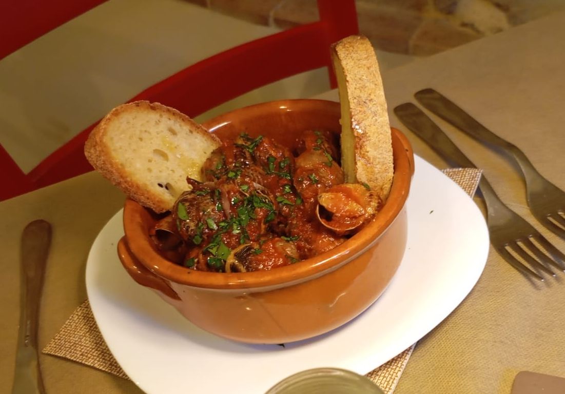 Una ciotola di cibo con un pezzo di pane dentro