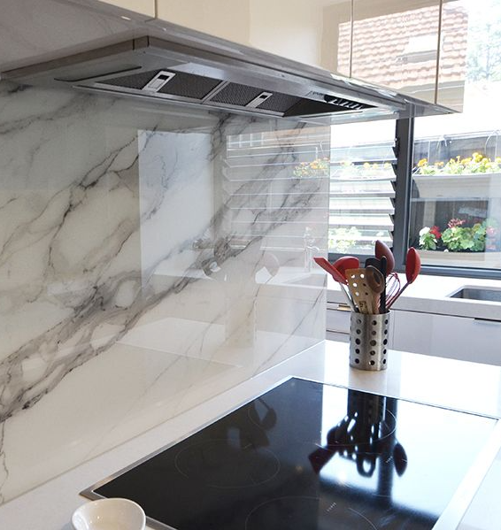 Marble Printed  Glass Splashback — Shower Screens in Coombabah, QLD