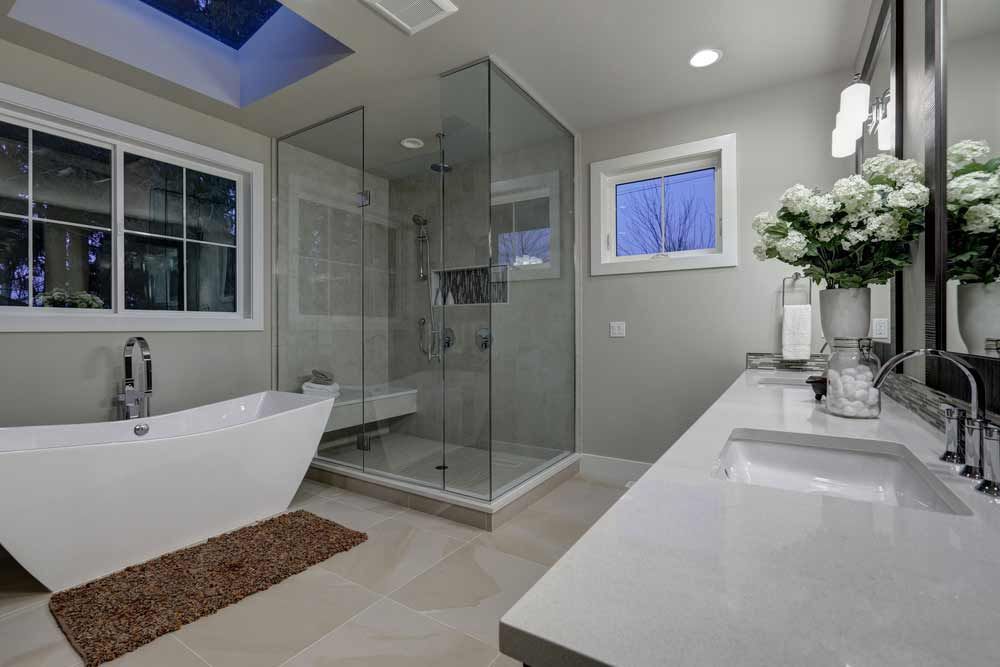 Modern Bathroom With Large Glass Walk-in Shower