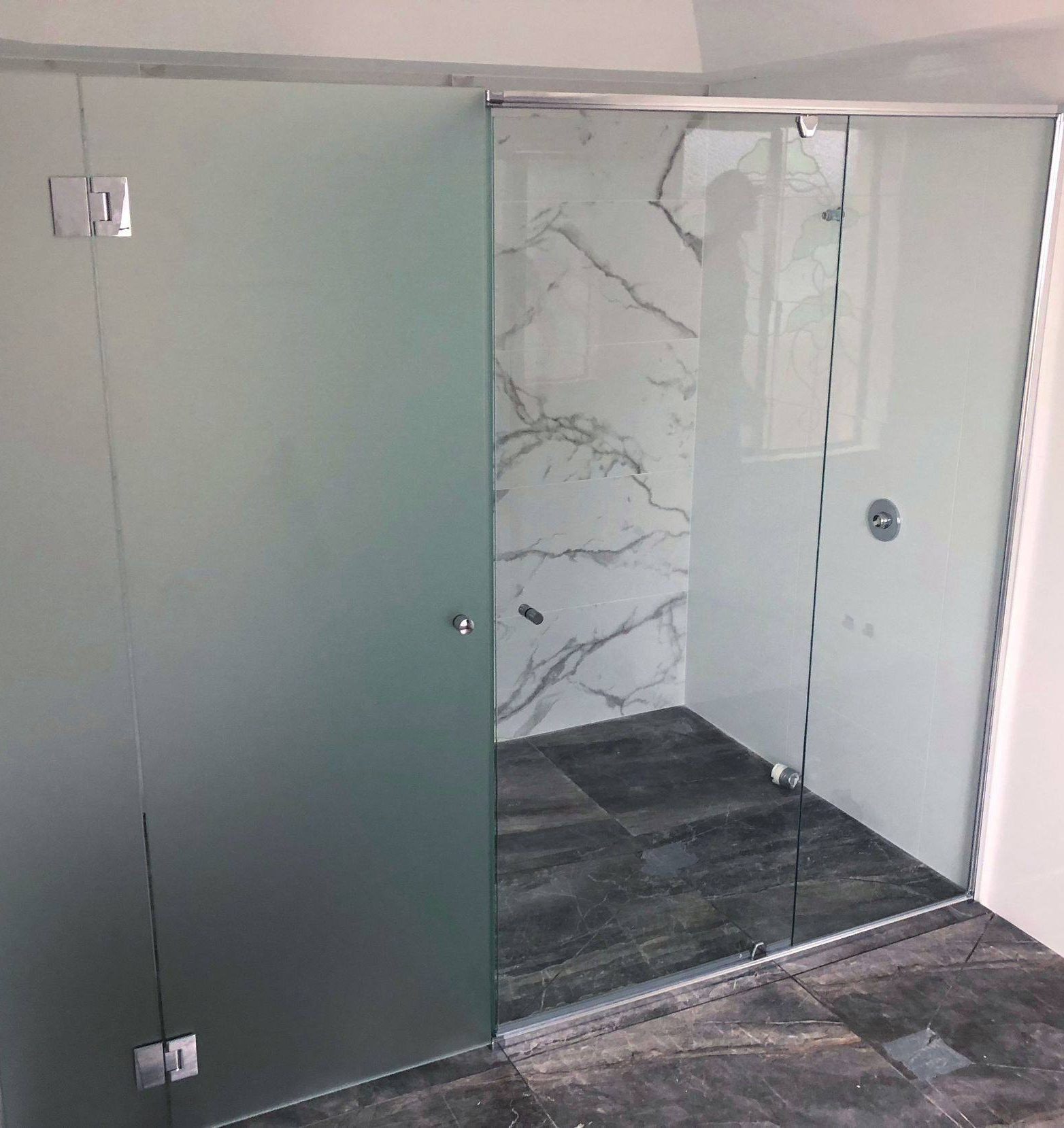 Acid Etched And Clear Glass Semi Frameless Shower — Shower Screens in Coombabah, QLD