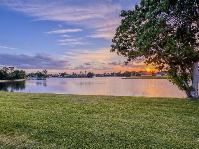 Lakeside view at sunset with green grass, trees, and houses in the distance.