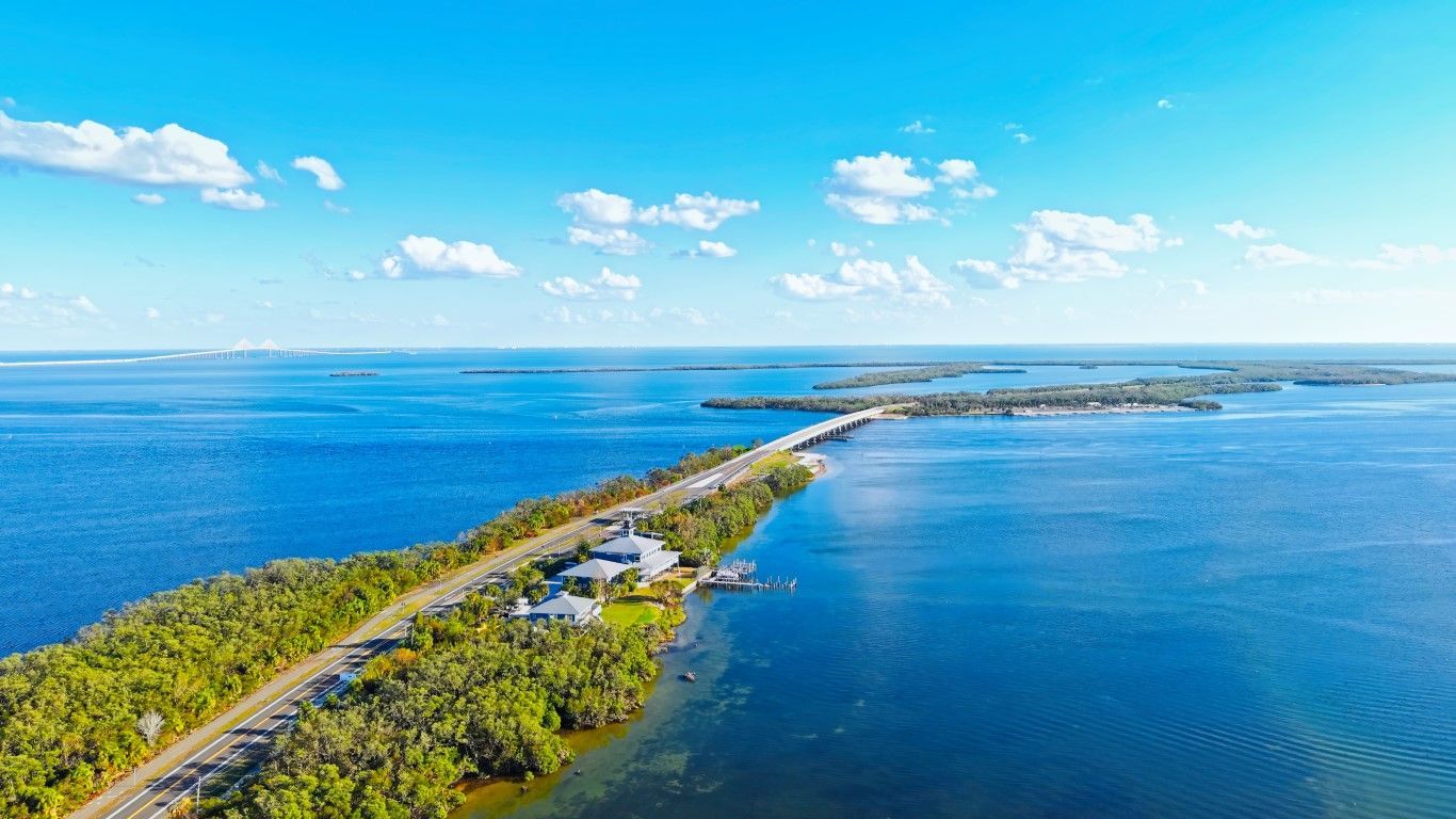 Overhead view of bridge and water at Fort De Soto Park