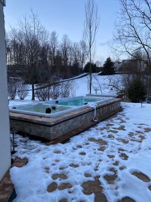 Hot tub on a snowy patio with a treeline in the background on a winter day.