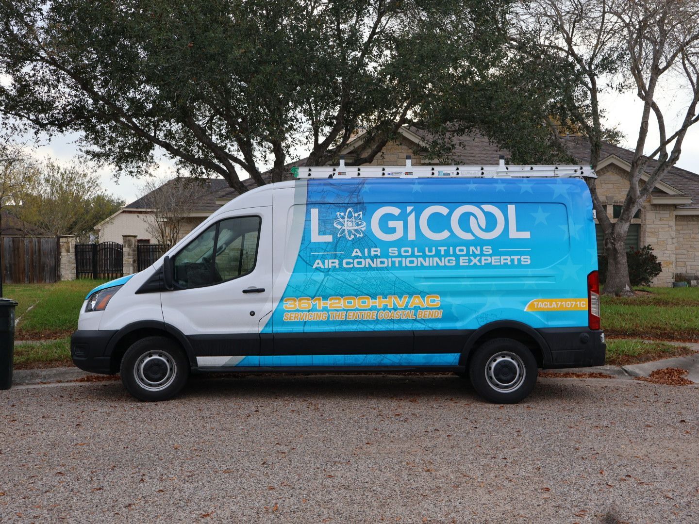Outdoor view with snow on the ground in Corpus Christi home during winter.