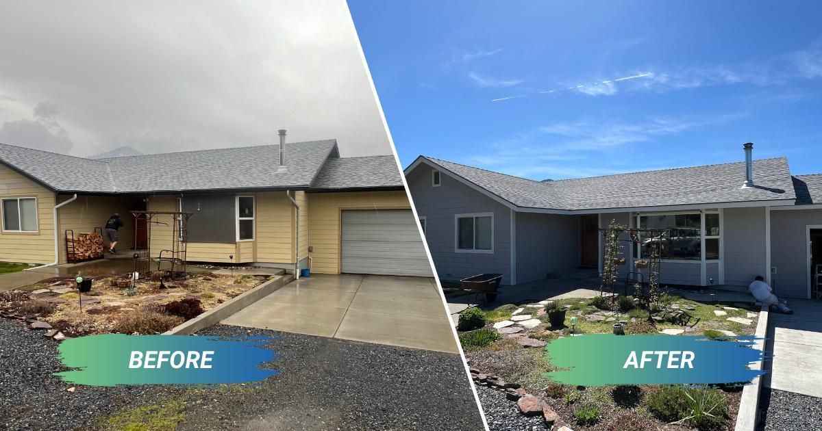 A before and after picture of a house with new grey exterior paint.