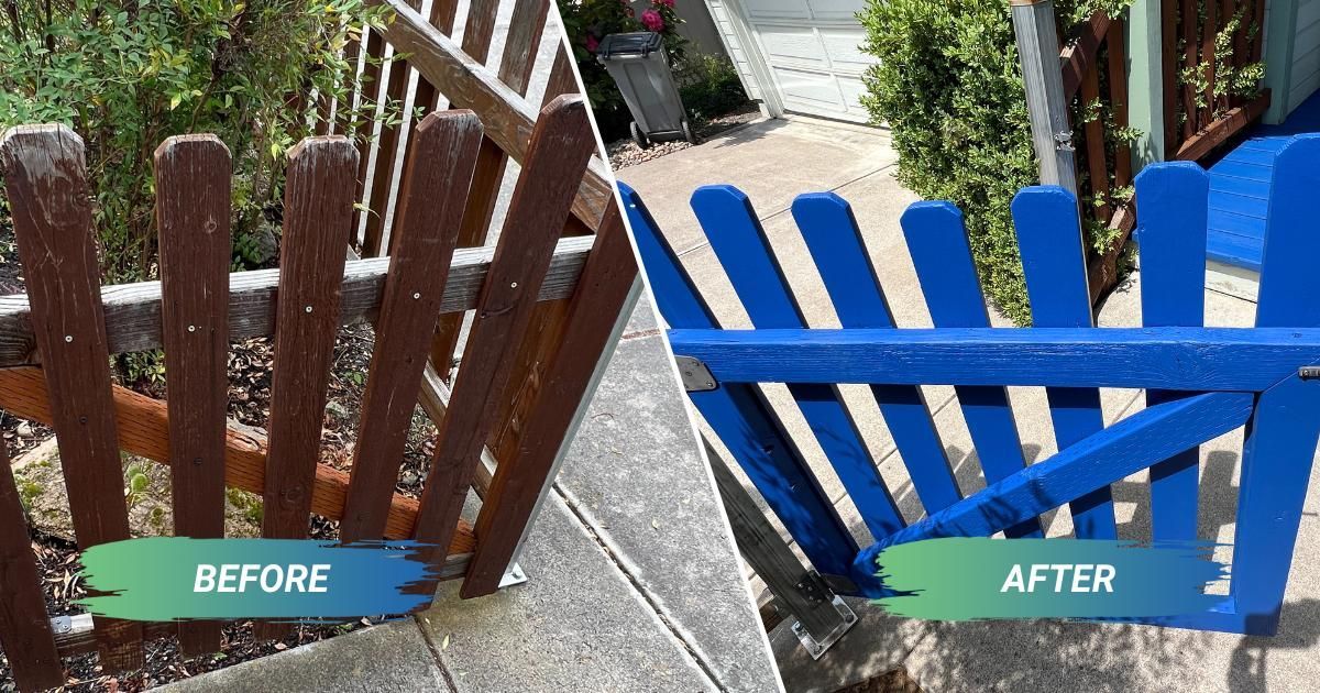 A before and after photo of a wooden fence painted blue.