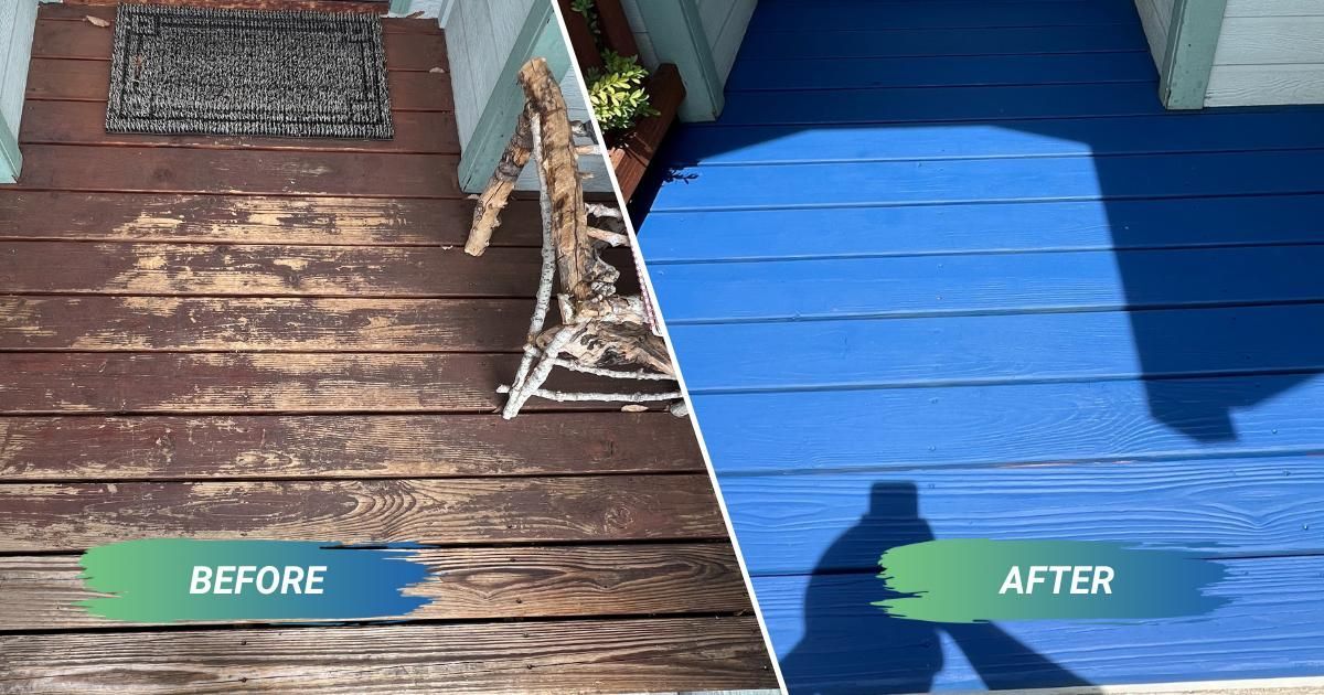 A before and after photo of a wooden deck being painted blue.