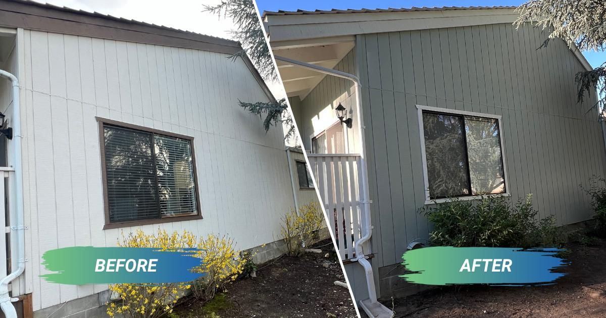 A before and after picture of a house that has new exterior paint.