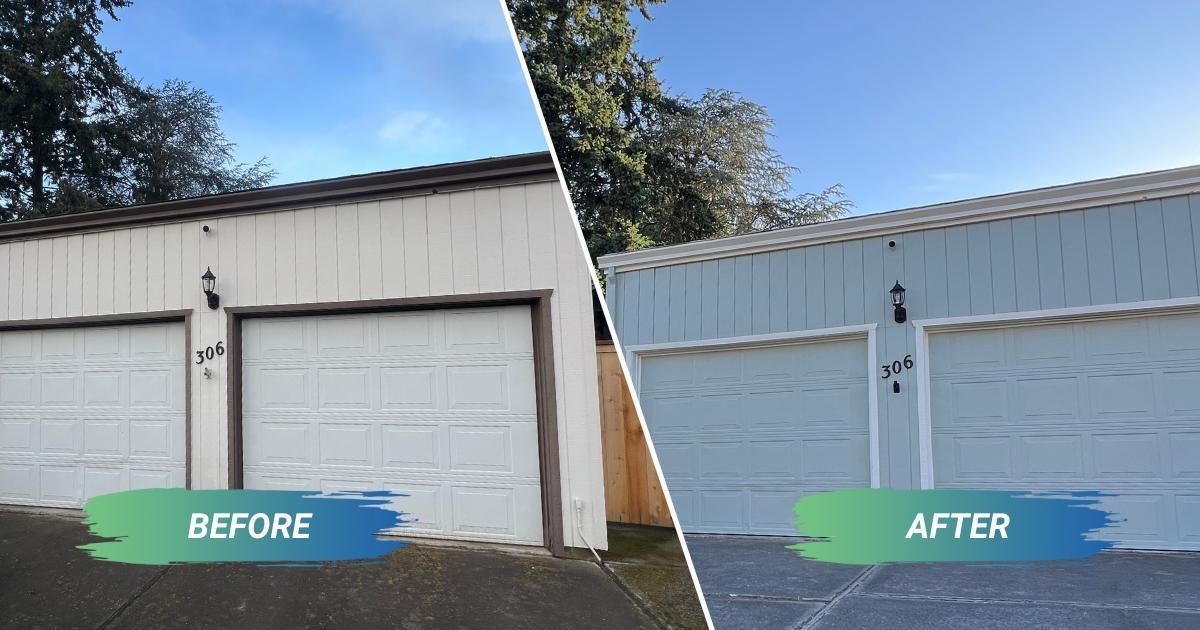 A before and after picture of a garage door being painted light blue.