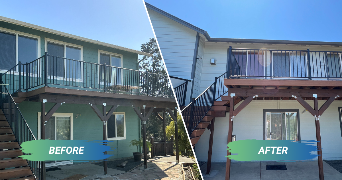 A before and after photo of a house with a balcony where the house was painted white with black trim.