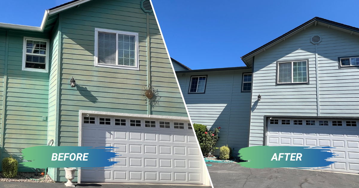 A before and after photo of a house with green siding which has been painted light blue with black trim.
