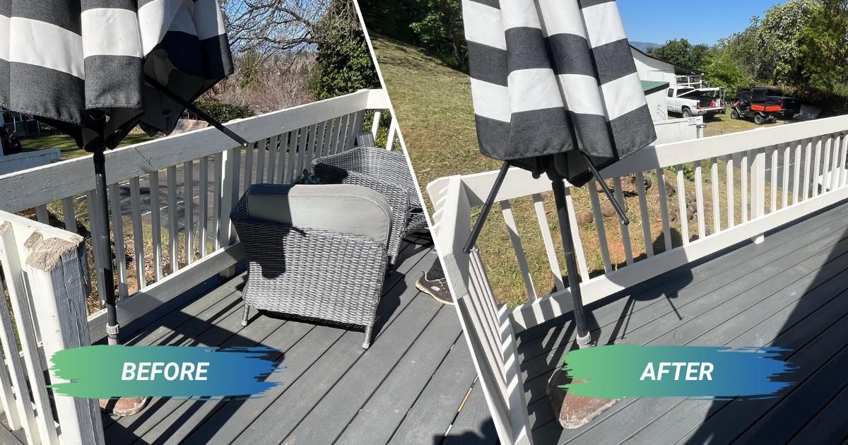 A before and after photo of a deck railing with new white paint.