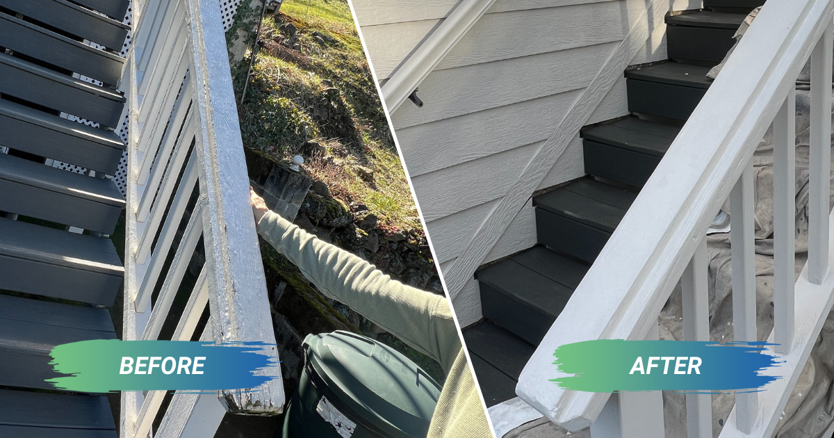 A before and after photo of a stair railing painted white.