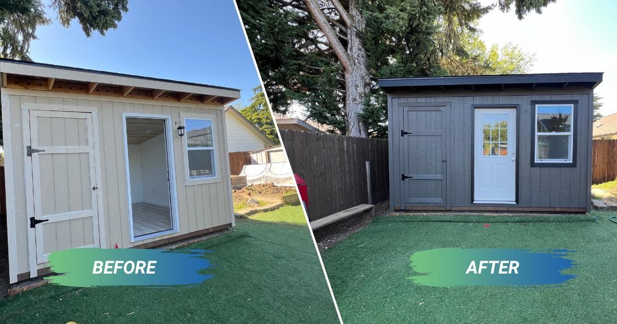 A before and after picture of a shed being painted.