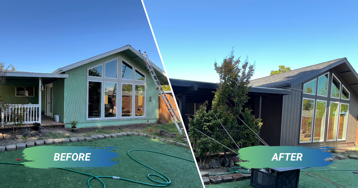 A before and after picture of a house that was green and now it has new black paint.