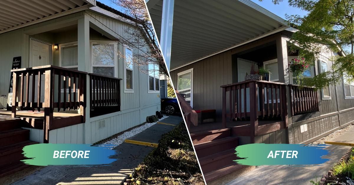 A before and after picture of a mobile home with new exterior paint and deck stain.