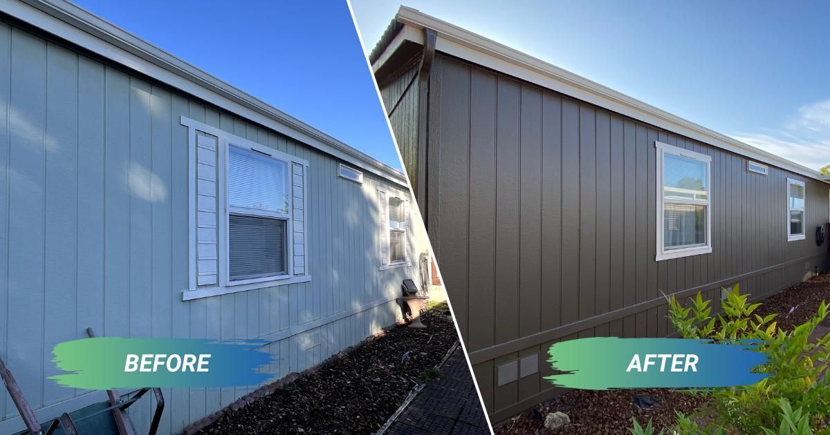 A before and after picture of a mobile home being painted.