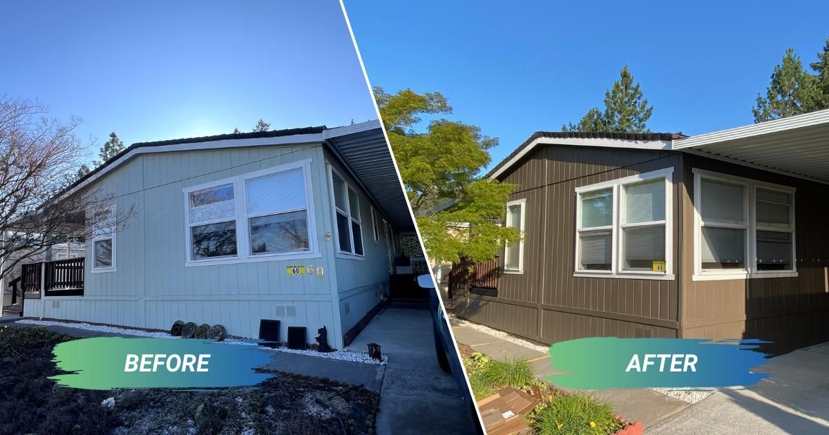 A before and after picture of a mobile home with new exterior paint in Medford, Oregon