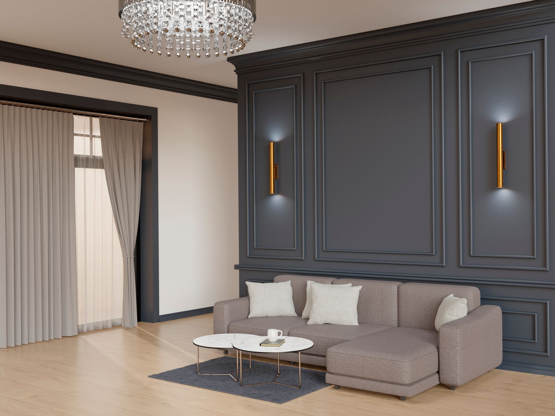 A living room with a custom accent wall.