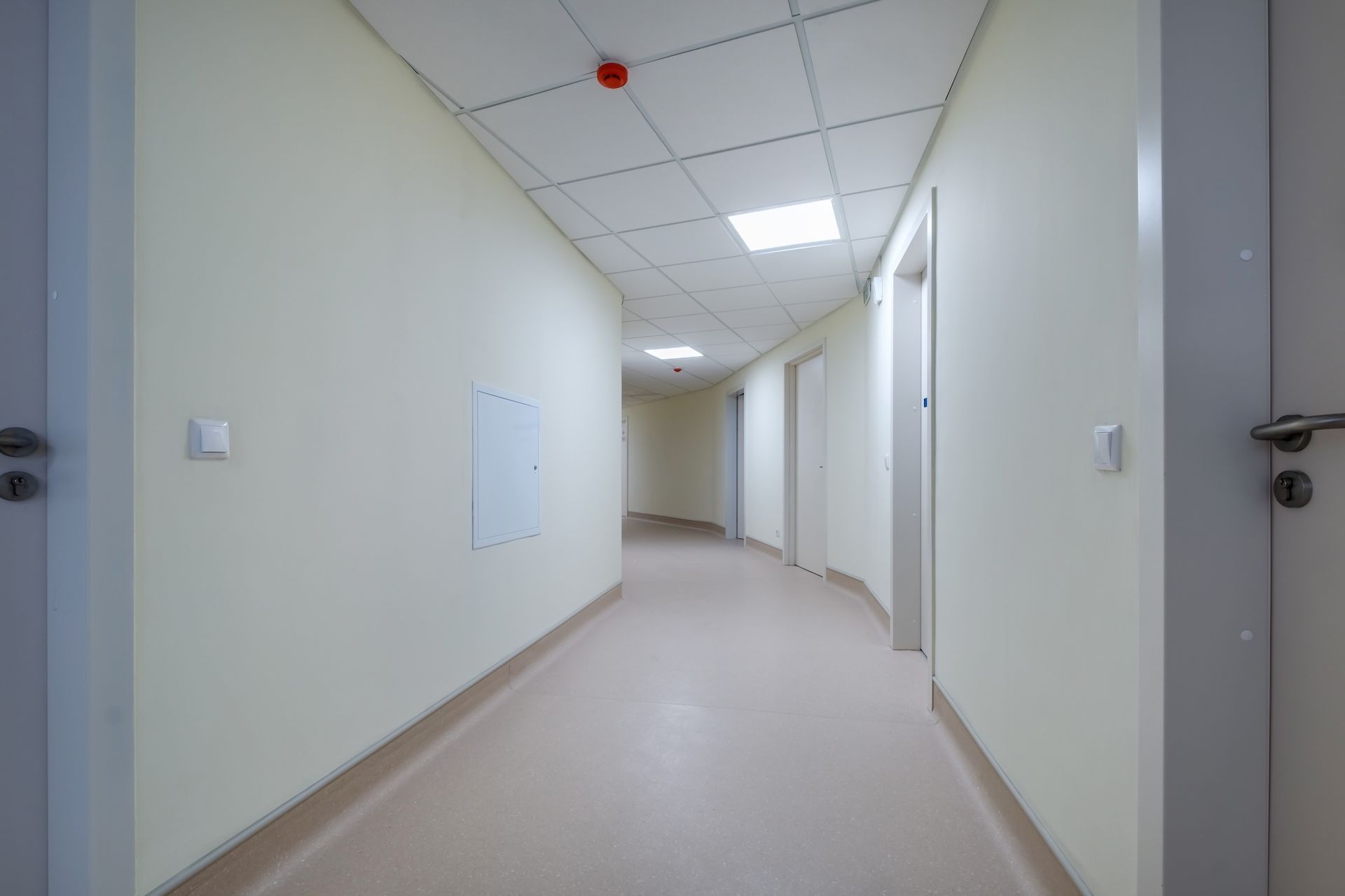 A hallway in a commercial building with new interior paint.