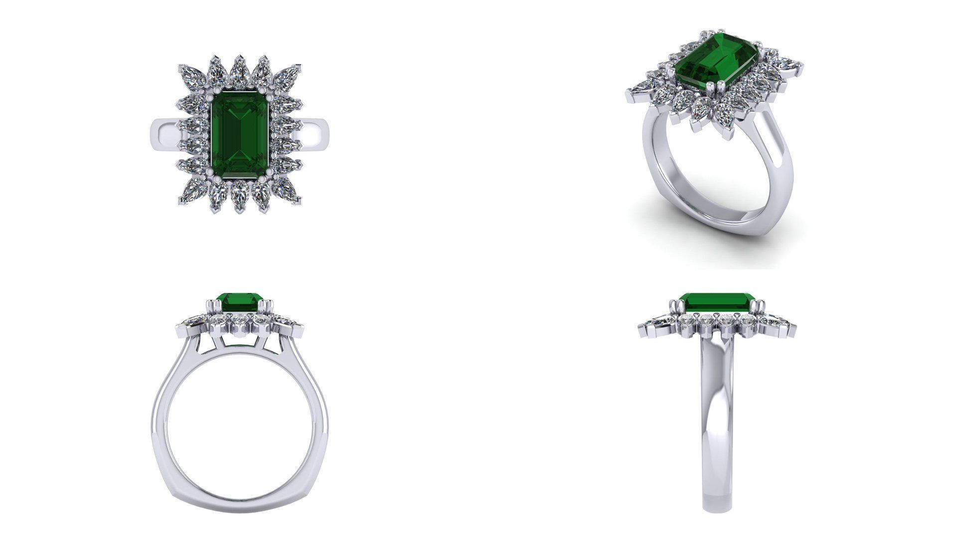 A ring with a green stone and diamonds on a white background.