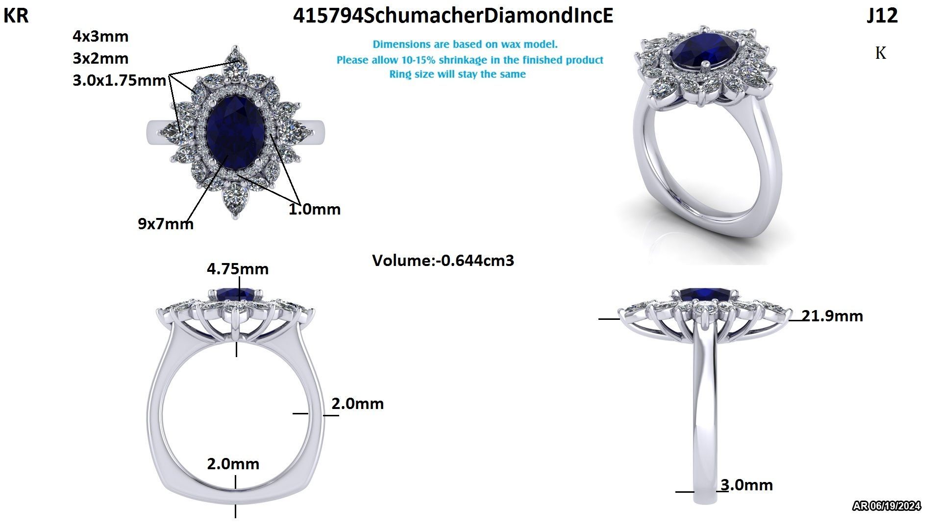 A drawing of a ring with a sapphire and diamonds