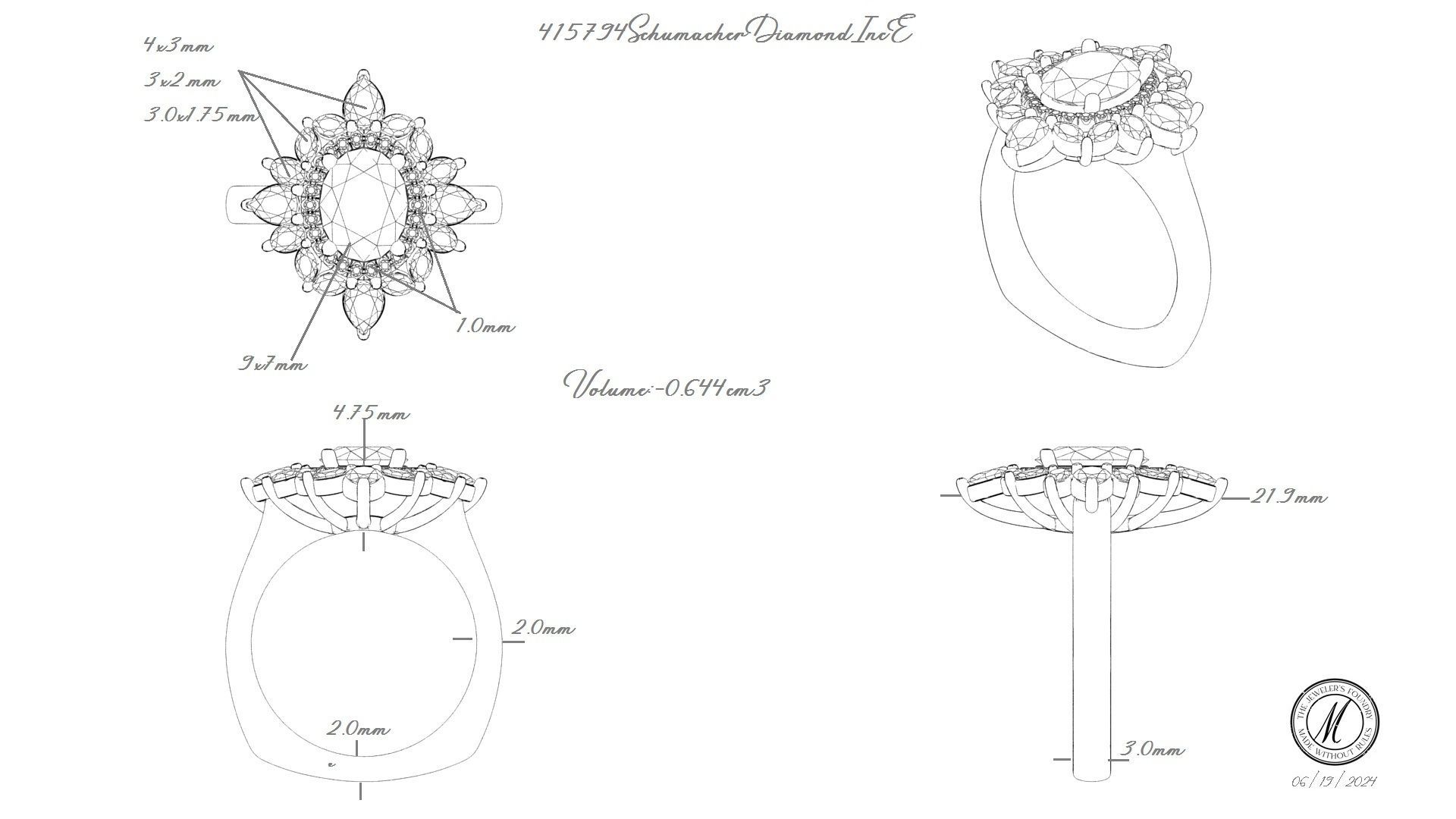 A black and white drawing of a ring with a diamond in the center.