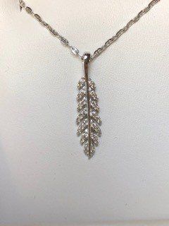 A necklace with a feather shaped pendant on a chain.