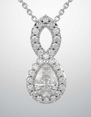 A white gold necklace with a diamond pendant in the shape of an infinity symbol