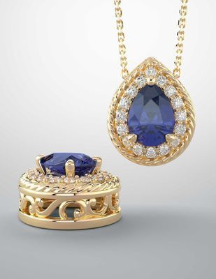 A gold necklace with a sapphire and diamonds