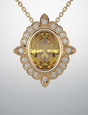 A gold necklace with a yellow stone and diamonds