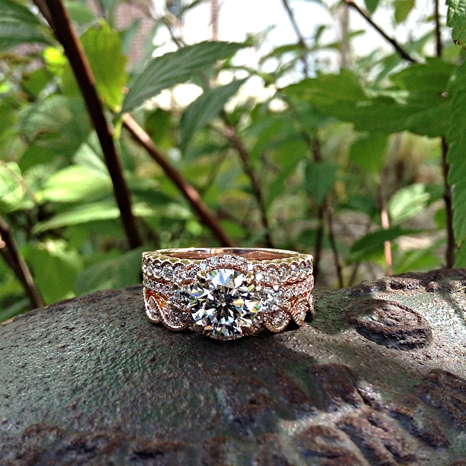 A diamond ring is sitting on a rock with trees in the background