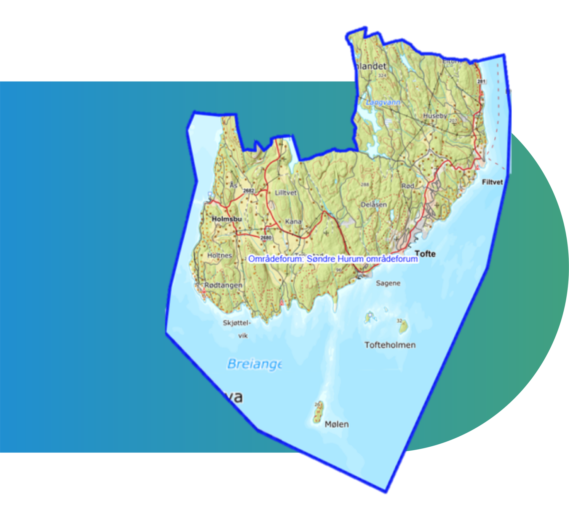 Kart over Hordaland, Norge, med kystlinje og veier, mot blå og grønn bakgrunn.