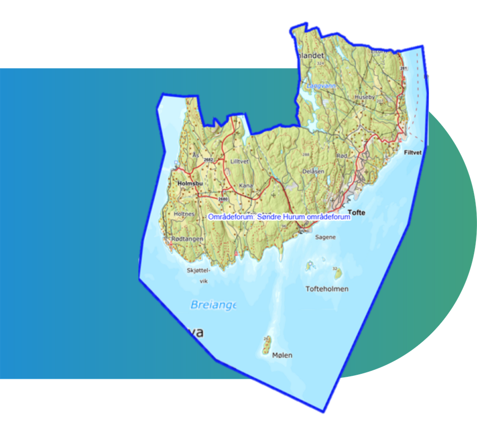 Kart over Hordaland, Norge, med kystlinje og veier, mot blå og grønn bakgrunn.