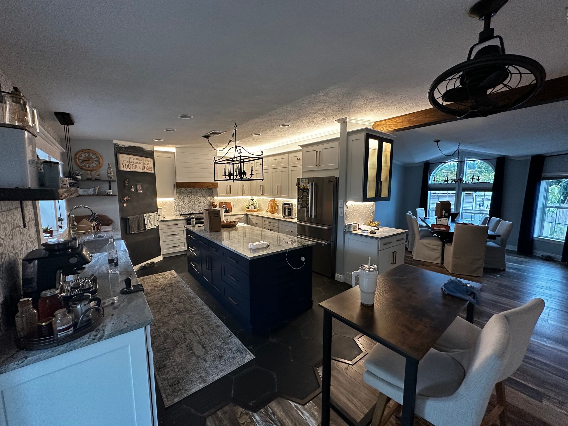 Full kitchen electrical and lighting installation with custom fixtures and under-cabinet lighting