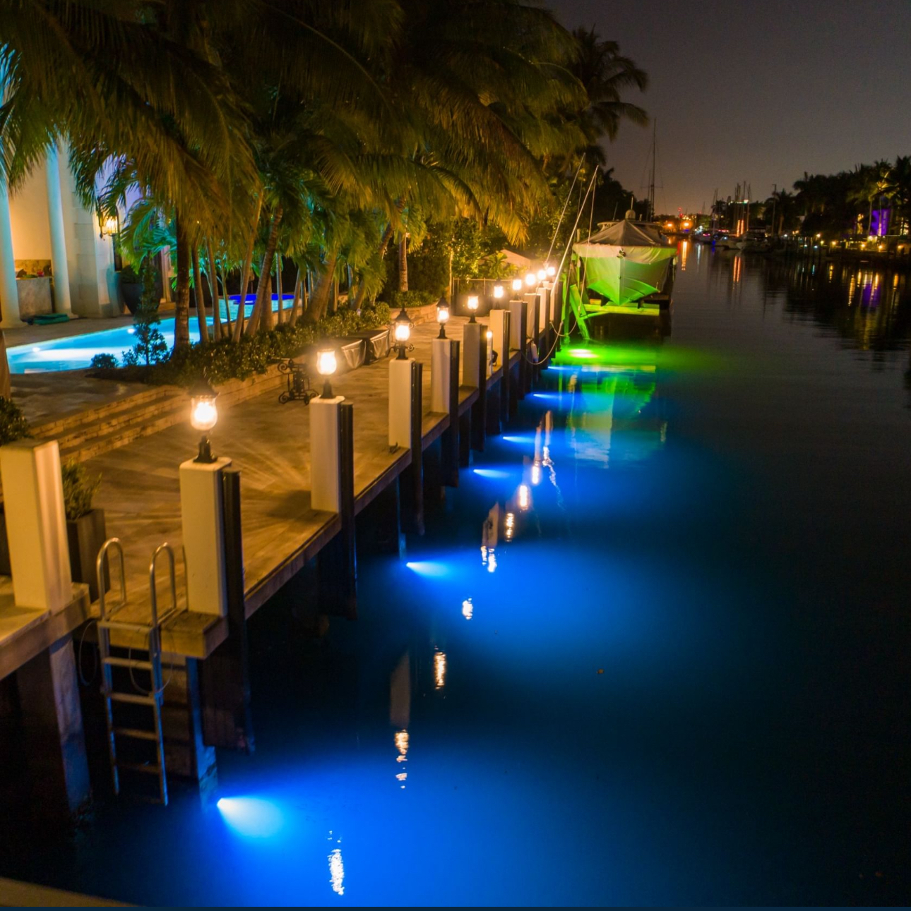 Dock and shore power lighting installation with underwater LED and landscape lights in South Florida