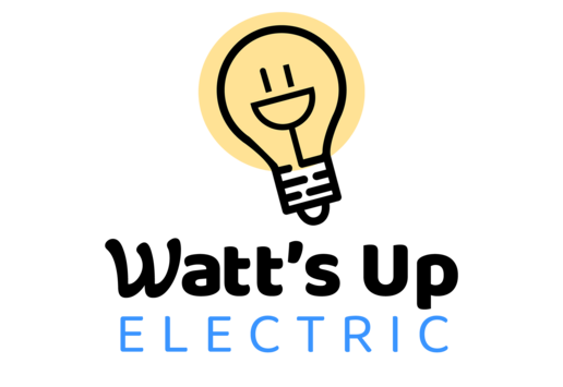 The logo for watt 's up electric shows a light bulb with a face on it.